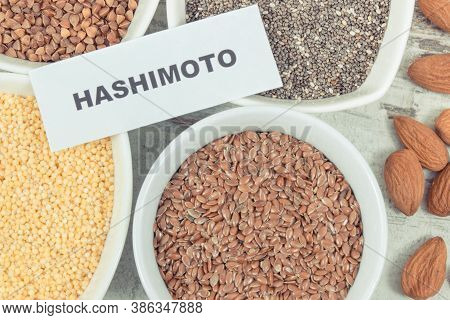 Inscription Hashimoto With Beneficial Eating For Thyroid Gland. Healthy Ingredients Containing Vitam