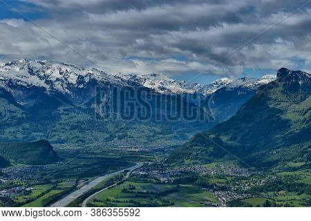 View Over The Rhine Valley In Switzerland Seen From Triesenberg In Liechtenstein 4.5.2020