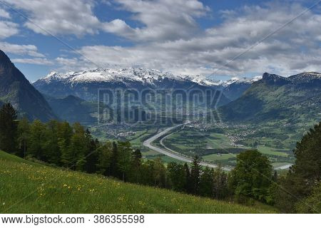 View Over The Rhine Valley In Switzerland Seen From Triesenberg In Liechtenstein 4.5.2020