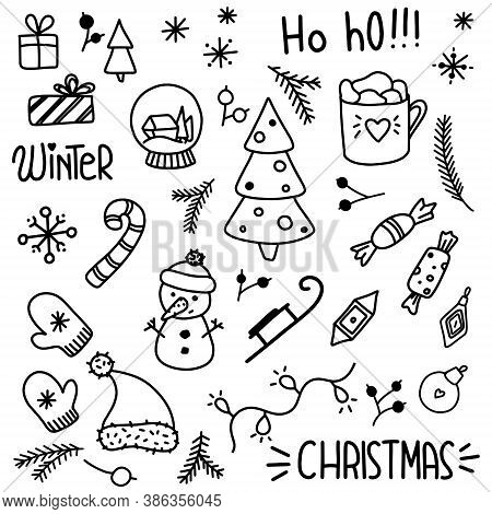 Christmas Black And White Set. Decorated With Gifts, Snowflakes, Gloves, Hat, Christmas Tree, Snow B