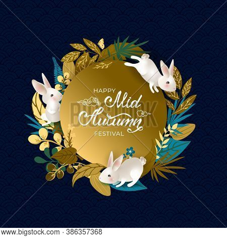 Happy Mid Autumn Festival. Card With Cute White Hares And Full Moon. Banner With Rabbits, Hand Drawn