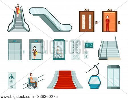 Elevators And Lifts Set. Wheelchair Lifts Electric Cable Car Modern Stair Lifts Used In Metro Shoppi