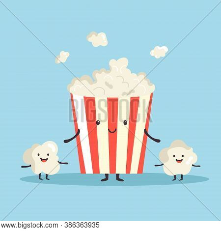 Pop Corn Bucket And Little Air Corns. Comic Vector Illustration