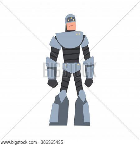 Man In Obot Costume, Cyborg Character, Carnival Party Or Masquerade Cartoon Style Vector Illustratio