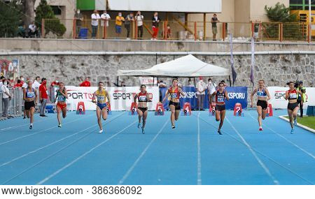Istanbul, Turkey - September 12, 2020: Athletes Running 100 Metres During Balkan U20 Athletics Champ