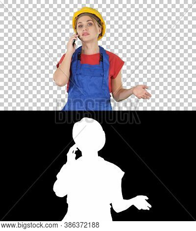 Young Female Worker Talking On Phone While Walking, Alpha Channe