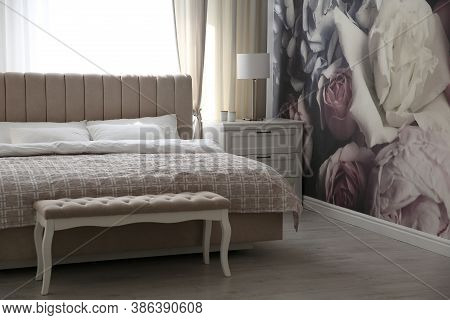 Beautiful Floral Photoart Work Used As Wallpaper In Bedroom Interior