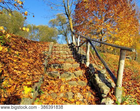 An Old, Stone Staircase, Strewn With Fallen Yellow Leaves, With A Wooden Railing, In The Estate Of T
