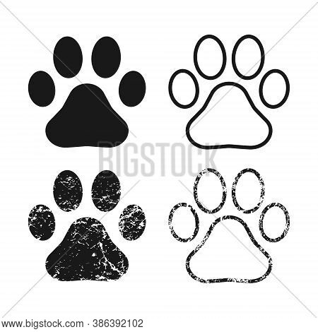Animal Paw Print Vector Icon. Dog Or Cat Footprint Trail Sign With Grunge Texture. Pet Foot Shape Ma