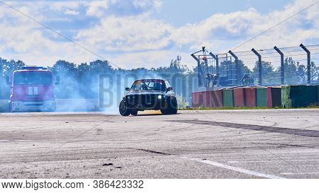 Russia Ryazan International Track Atron September 2020. A Sports Car In A Controlled Skid On The Tra