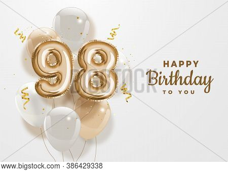 Happy 98th Birthday Gold Foil Balloon Greeting Background. 98 Years Anniversary Logo Template- 98h C