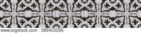 Tibetan Fabric. Repeat Tie Dye Illustration. Ikat Persian Motif. Abstract Batik Print. Black, White,