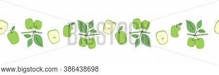Seamless Border With Green Apples. Endless Ornament. Design Template. Set Of Vector Fruit Isolated O