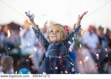 08 29 2020 Belarus, Lyaskovichi. Party In The City.funny Little Girl On A Holiday.