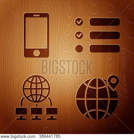 Set Location On The Globe, Mobile Phone, Computer Network And Task List On Wooden Background. Vector