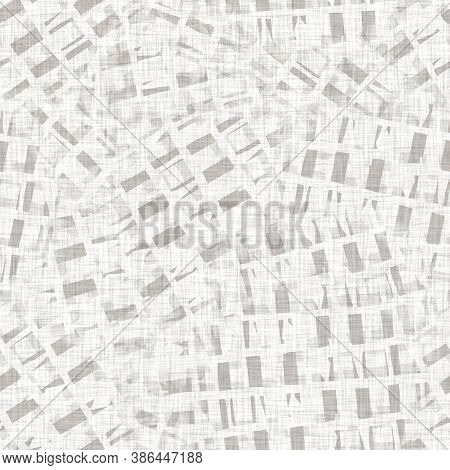 French Woven Linen Texture Geometric Shape Background. Old Ecru Flax Grey Geo Motif Seamless Pattern