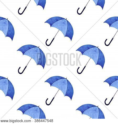Seamless Pattern With Umbellas On White Background. Watercolor Illustration
