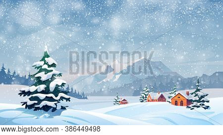 Winter Snow Landscape And Houses On Vector Background With Snowflakes Falling From Sky. Christmas Wi