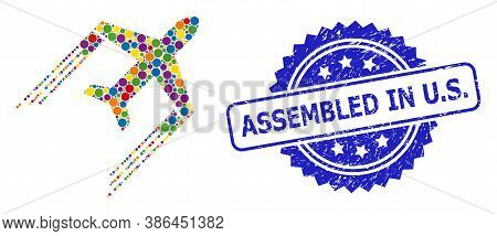 Bright Colored Collage Airplane Trail, And Assembled In U.s. Grunge Rosette Stamp Seal. Blue Stamp S