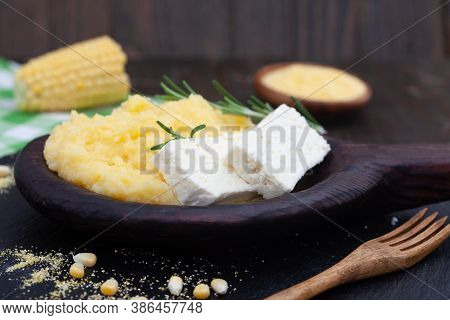 Mamaliga Or Polenta Porridge Made Out Of Yellow Maize Flour. Homemade Palenta With Cheese, Tradition