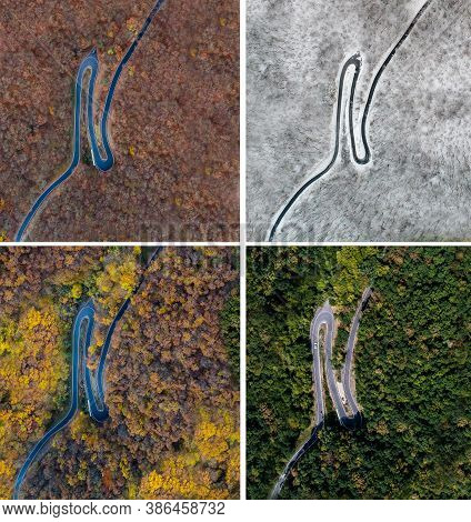 Seasons Concept Summer Winter Fall Spring Aerial View Winding Road Serpentine Mountain Pass Village 