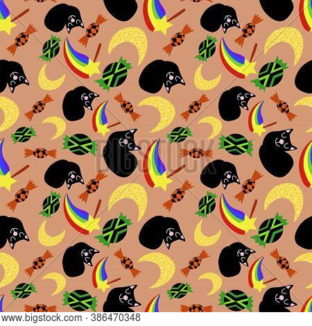 Funny Cartoon Halloween Vector Seamless Pattern. Cute Colorful Seamless Pattern With Black Cats, Mag
