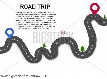 Road Trip. Drive Along A Winding Road With Two Navigation Pointers. The Starting And Ending Point Of