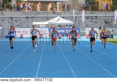 Istanbul, Turkey - September 12, 2020: Athletes Running 100 Metres During Balkan U20 Athletics Champ