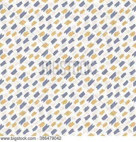Seamless French Blue Yellow Farmhouse Style Polka Dot Texture. Woven Linen Cloth Pattern Circle Back