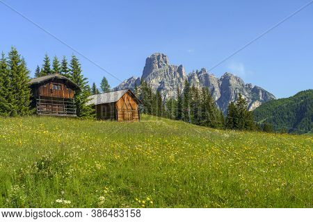 Mountain Landscape At Summer Along The Road To Campolongo Pass, Dolomites, Bolzano Province, Trentin