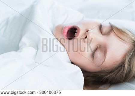 Little Snoring Girl, Sleeping On Pillow In Bed With Closed Eyes. Evening Late Going To Bed. Early Mo