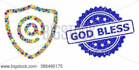 Multicolored Collage Email Address Protection, And God Bless Dirty Rosette Stamp Seal. Blue Stamp Se