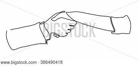 Hand Shaking Hands Continuous Line Vector Drawing. Business Agreements Vector Concept. Two Businessm