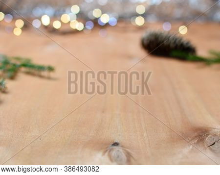 Wood Table With Sparkling Silver Bokeh Wall, Leave Room For Display Or Montage Design Or Content.