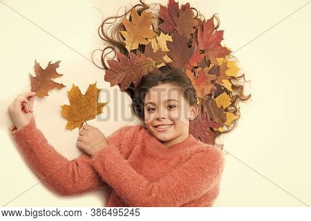 Hair Care In Autumn. Prevent Dry Split Hair Ends. Child Enjoy Fall Season. Girl Cute Kid Long Hair L