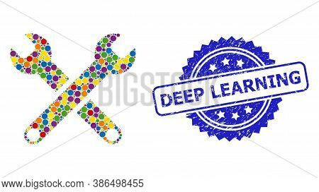 Colored Collage Spanners, And Deep Learning Corroded Rosette Stamp. Blue Stamp Has Deep Learning Cap