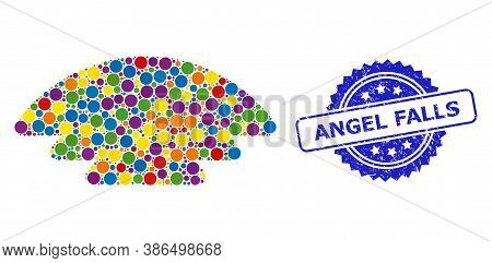 Colored Mosaic Ice Hill, And Angel Falls Rubber Rosette Seal Print. Blue Stamp Seal Contains Angel F