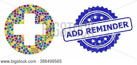 Multicolored Collage Medical Cross, And Add Reminder Dirty Rosette Seal. Blue Stamp Seal Contains Ad