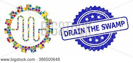 Bright Colored Collage Pipe Service Cog, And Drain The Swamp Corroded Rosette Stamp Seal. Blue Stamp