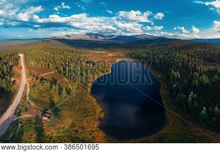 Aerial drone view of the lake of Kidelyu near the Ulagan mountain pass, Altai Republic, Russia