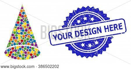 Colored Collage Cone Figure, And Your Design Here Dirty Rosette Seal Print. Blue Stamp Seal Has Your