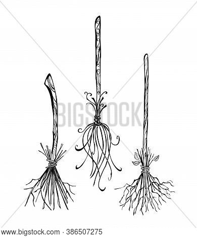 Three Isolated, Contour Witches Broom On White Background. Design On Halloween.