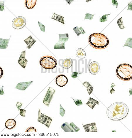 Euro Banknote Isolated. American Cash Seamless Pattern, Bitcoins Falling Background. European Money 