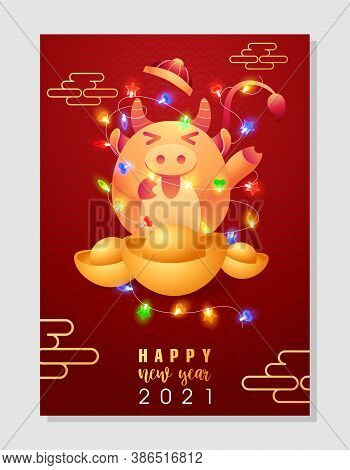 Calendar Cover 2021 A4 Format. Joyful Cartoon Ox With Colorful Garland, Lights, Gold Ingot And Tradi