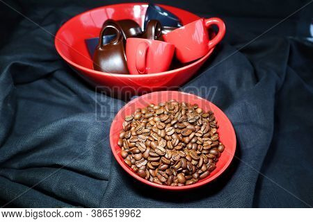 Lot Of Roasted Coffee Beans In A Large Ceramic Bowl