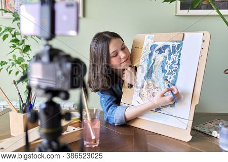 Artist, Teenage Girl, Draws Records On Video Camera For Blog. Paints, Drawings On Home, Camera On Tr