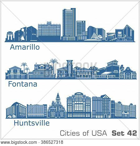 Cities Of Usa - Fontana, Amarillo, Huntsville. Detailed Architecture. Trendy Vector Illustration.
