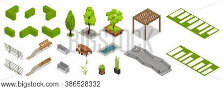 Set Of Isolated Landscape Design Isometric Elements With Icons Of Fence Hedgerow Pieces Trees And Be