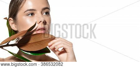 Organic. Beautiful Face Of Young Woman With Clean And Fresh Skin. Flyer With Copyspace For Ad. Conce