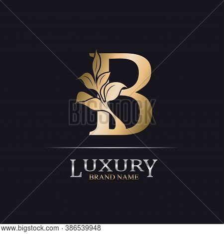 Golden Initial Letter B. Elegant Design Letter B With Floral Branch. Luxury Gold Logo Icon. Vintage 